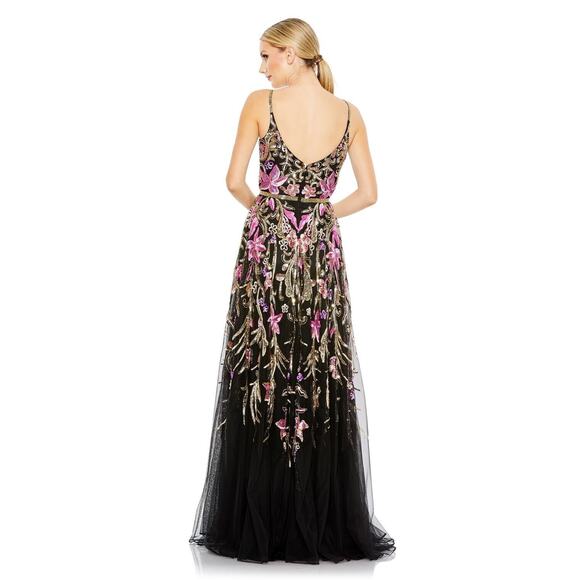 NWT MAC Duggal V NECK FLORAL EMBELLISHED SPAGHETTI STRAP GOWN SZ 12 BLACK MULTI‎ - Picture 3 of 4